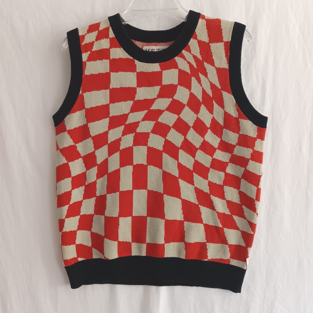 VSTR Groovy Autumn Checker Vest Size M Warped Checkerboard Knit Sleeveless